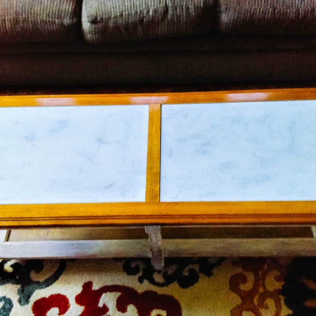 Faux marble table top.