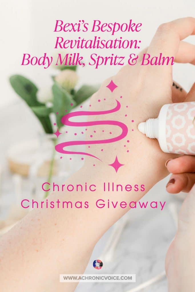 Dr. Rebecca Lobo, PhD lives with Sjögren's Syndrome, and suffered from dry, terrible skin as a child. She believes that your skin is dynamic, and so should your skin care be. Thus, Bexi's Bespoke Revitalisation was born. She only includes ingredients that your skin need, and nothing else. Bexi is giving away three products from her Bespoke Revitalisation range in this Christmas giveaway: Body Milk, Spritz and Balm. #chronicpain #chronicillness #skincare