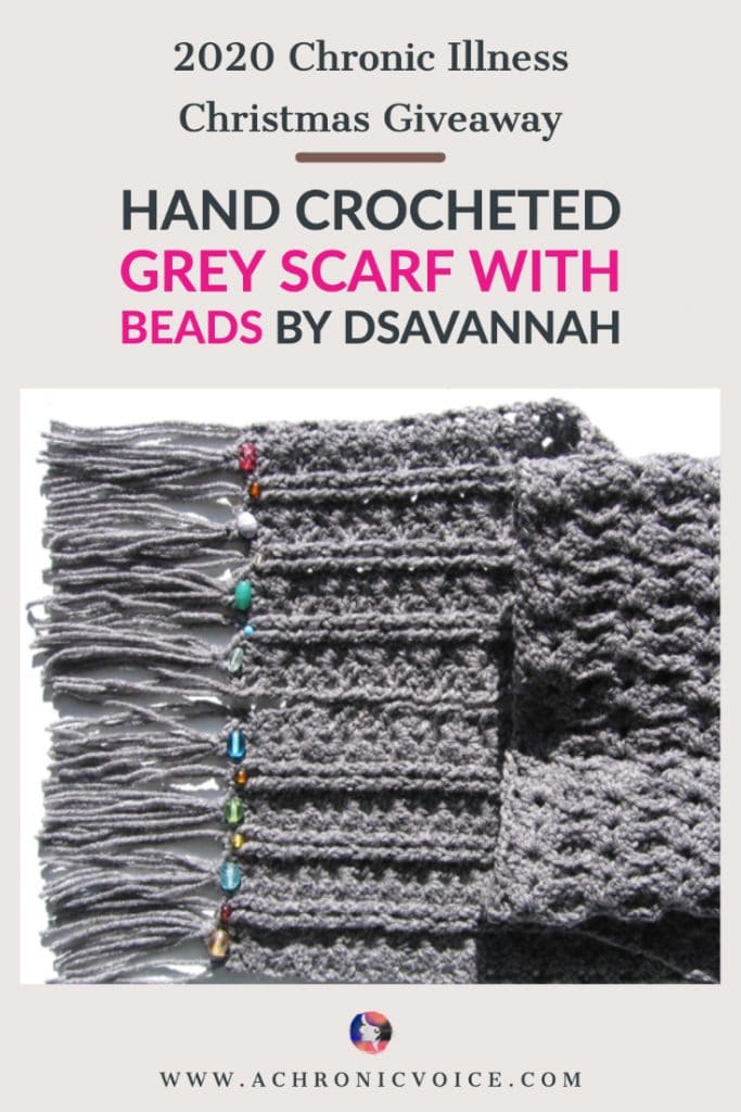 dSavannah is an active member in the chronic illness community, and knits pretty things, too! She's giving away 1 hand-crocheted grey scarf with beads in this Christmas Giveaway. It comes in an intricate pattern, and features glass beads on the end to add a little sparkle! #chronicillness #scarf #giveaway