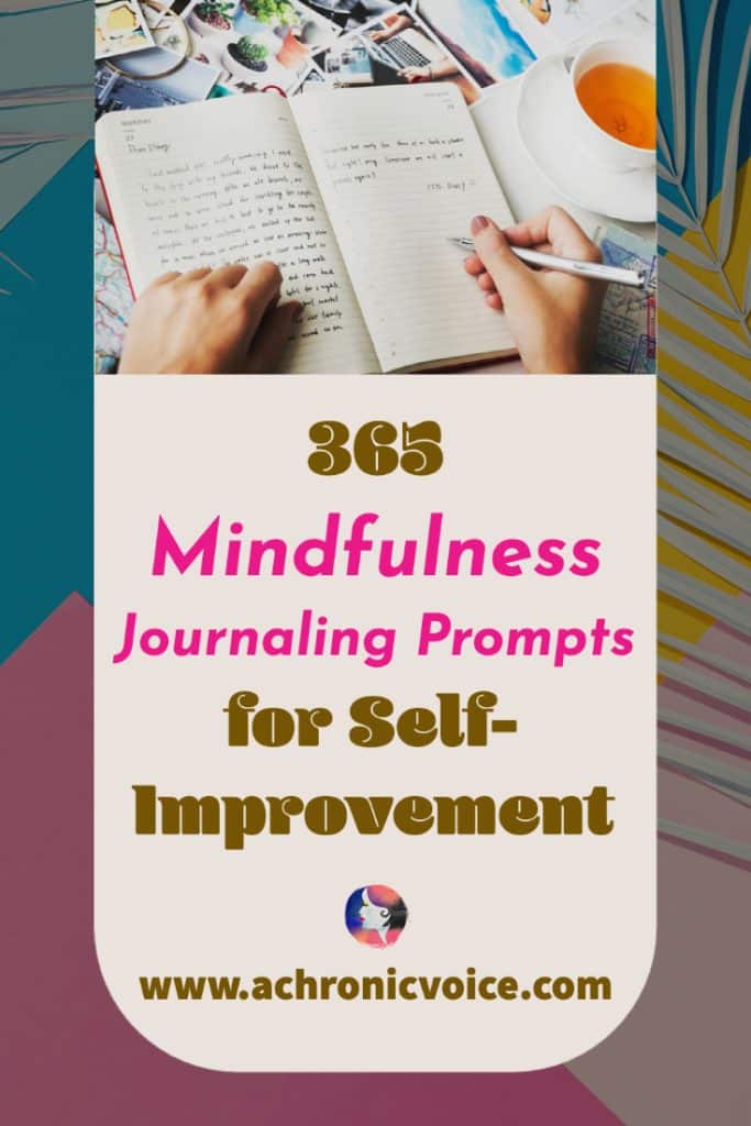 365 Mindfulness Journaling Prompts for Self-Improvement (Background: A person's hand scribbling in a notebook with their right hand. A cup of clear tea on the top right, with lots of cutout papers on the desk.)
