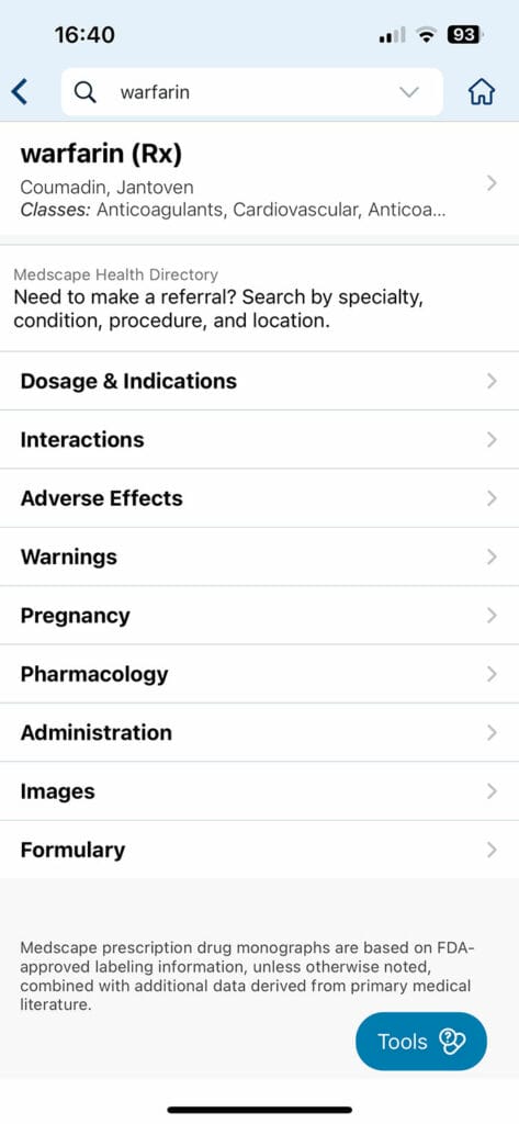 MedScape mobile app - Warfarin medication information