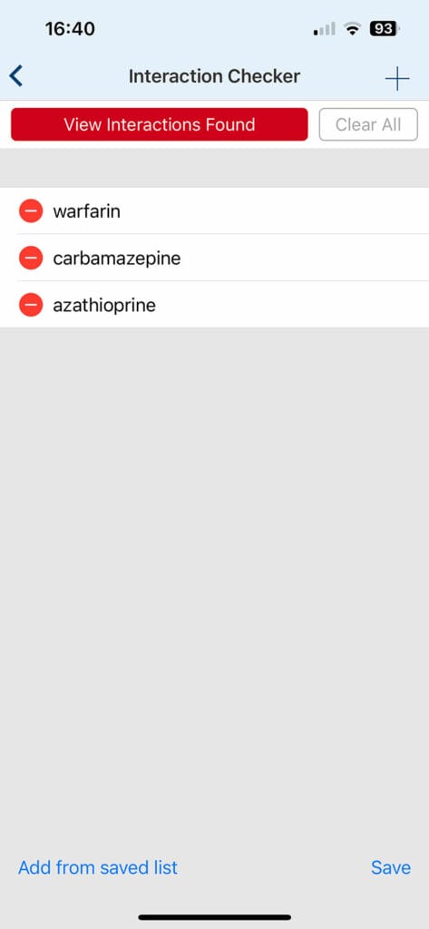 MedScape mobile app - Warfarin, azathioprine and carbamazepine medication interaction example.