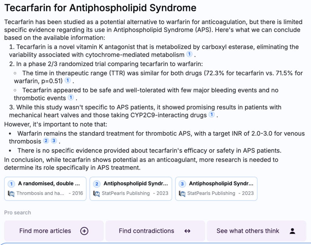 MediSearch Pro answers - Tecarfarin for Antiphospholipid Syndrome